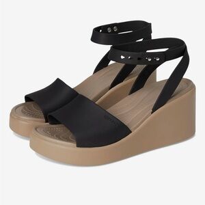 CROCS Brooklyn Black and Tan Ankle Strap Wedge Sandals